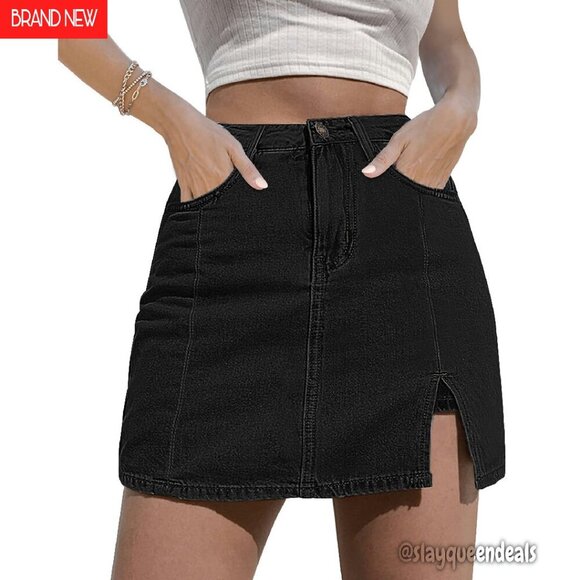 High Waisted Denim Skort with Side Slit Stretchy & Pockets